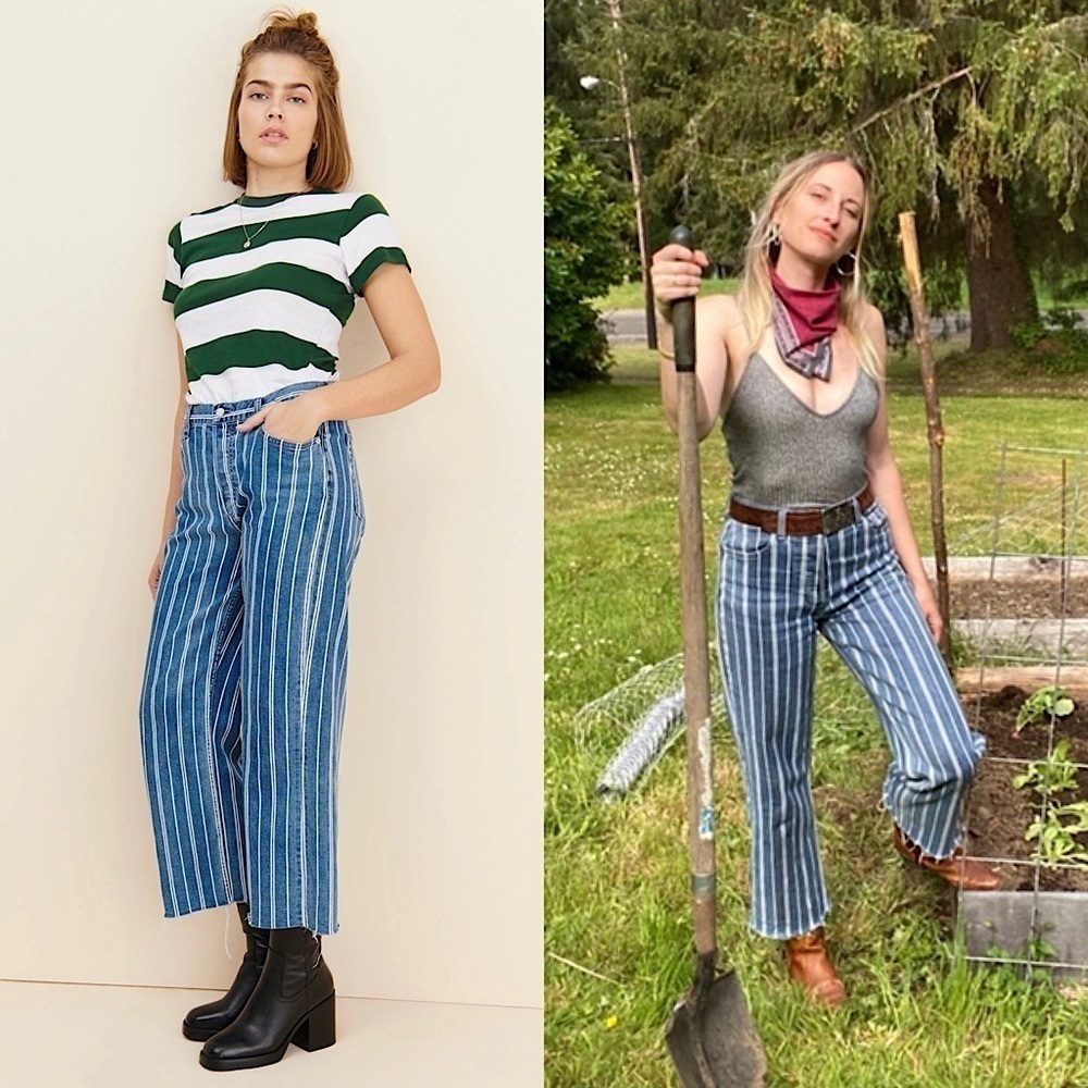 NWT‎ BOYISH 90s Striped Denim High Rise Straight Leg Ankle Crop Raw Hem Jeans 27